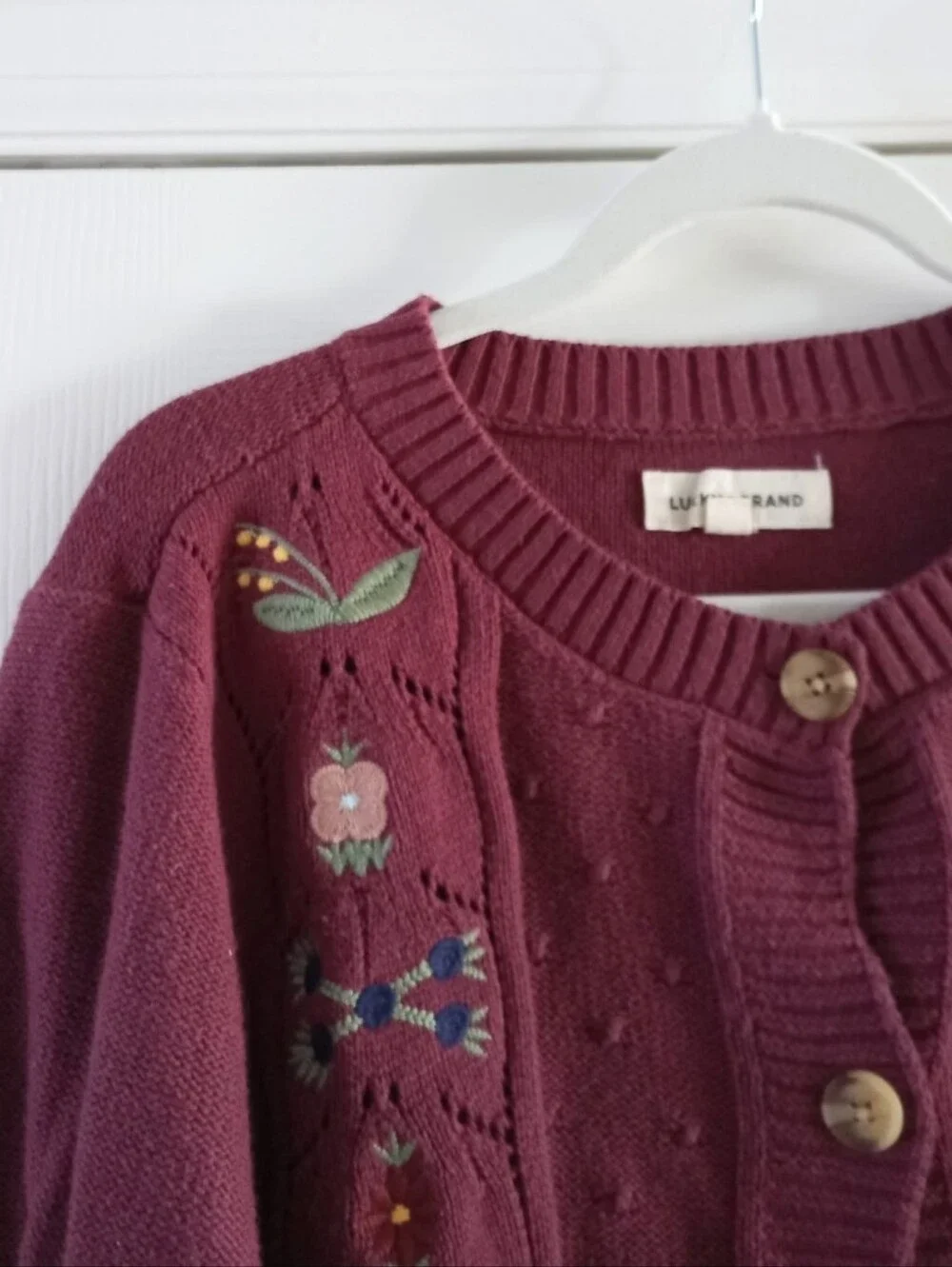 Lucky Brand wine color pointelle knit floral embroidered cardigan sweater